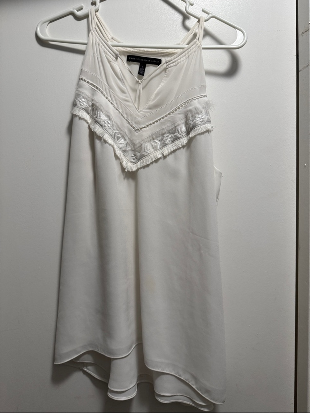 White Embroidered Fringe V-Neck Tank Blouse